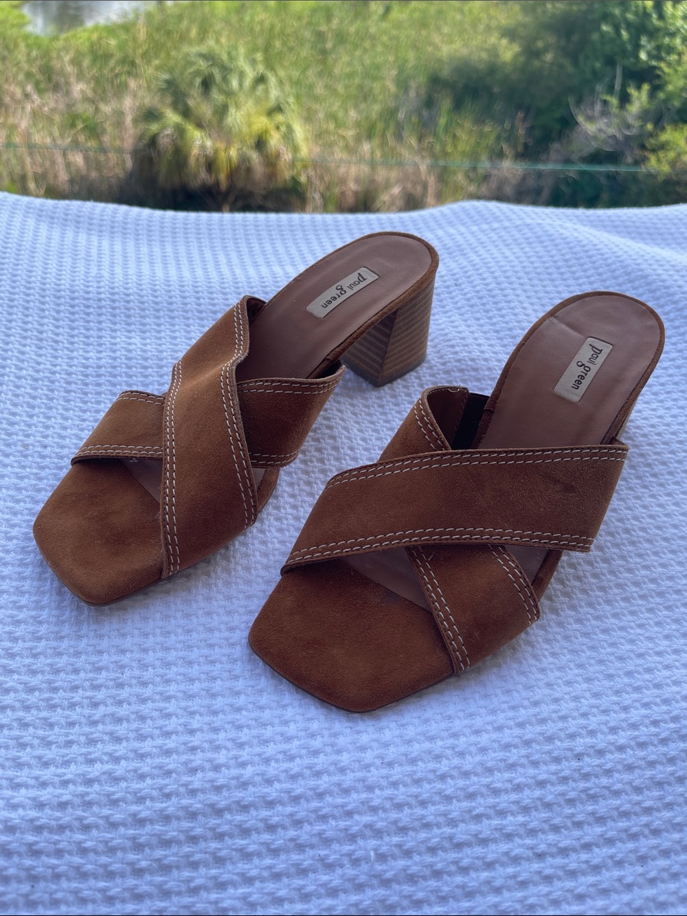 Paul Green Brown Suede Crisscross Block Heel Mules Size: UK5 USA: 7,5 Leather